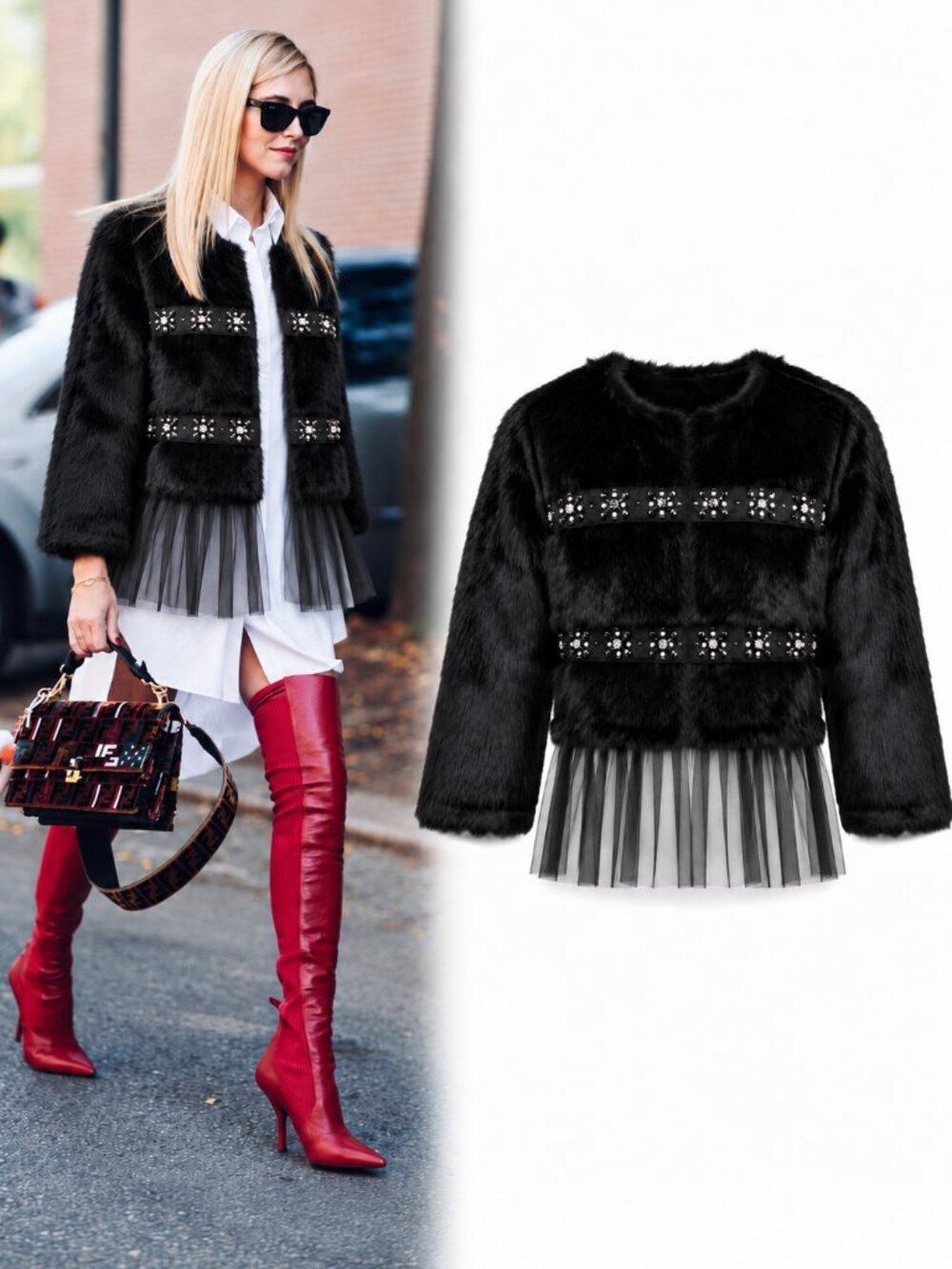 💥KILLER DESING💥 Black Fur Peplum Rhinstones and Tulle Jacket
